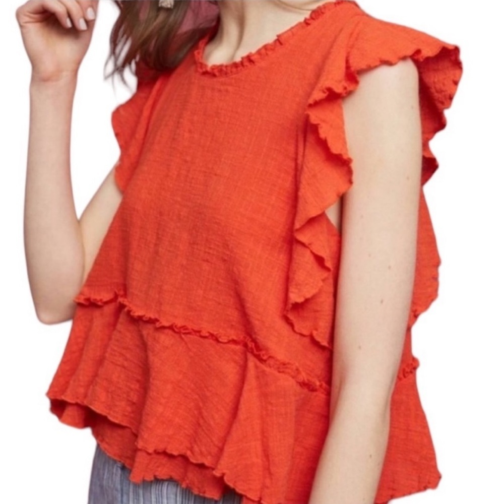 Anthropologie Maeve Blouse Ruffle Cotton Gauze Red Orange